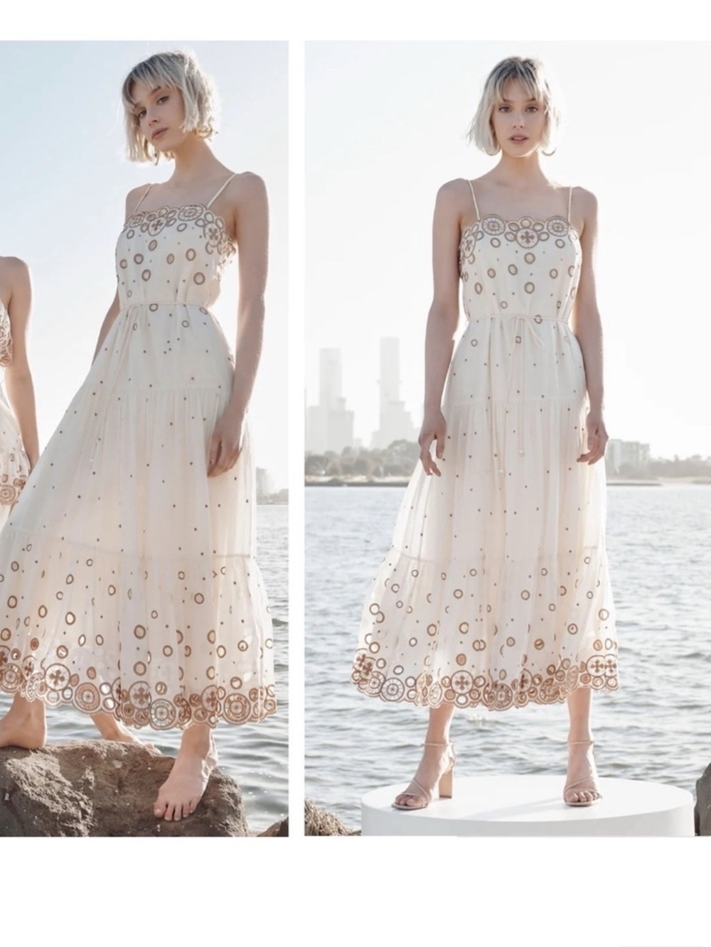 Elliatt Nina Midi Dress in Ivory Bronze with Embroidered Metallic Accents Size M